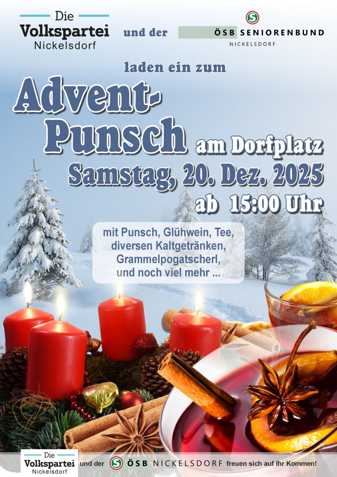 Ein Plakat für eine Adventpunsch-Veranstaltung auf dem Dorfplatz am Samstag, 20. Dezember 2025, ab 15 Uhr. Das Bild zeigt Kerzen, ein Getränk und Winterdekoration.
