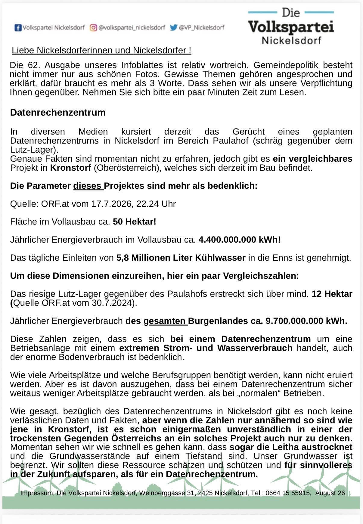Ein Dokument diskutiert ein Datenrechenzentrumsprojekt in Nickelsdorf, Österreich, im Vergleich zu einem ähnlichen Projekt in Kronstorf. Das Kronstorf-Projekt umfasst 50 Hektar, mit einem jährlichen Energieverbrauch von 4,4 Milliarden kWh und täglichem Kühlwasserverbrauch von 5,8 Millionen Litern. Das Dokument liefert Vergleichszahlen und weist auf den extremen Energie- und Wasserverbrauch solcher Anlagen hin.