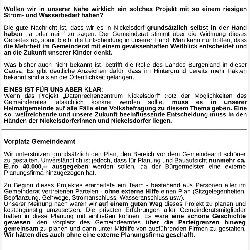 Ein Text über ein lokales Projekt in Nickelsdorf diskutiert die Rolle der Gemeinde bei der Entscheidung über ihre Zukunft und betont die Bedeutung der lokalen Beteiligung und die möglichen Auswirkungen auf zukünftige Generationen.