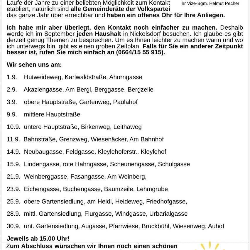 Ein Flyer mit einer Liste von Straßennamen und Terminen für einen Hausbesuch von Helmut Pecher, Vize-Vorsitzender der Volkspartei. Es enthält eine Telefonnummer für Termine.