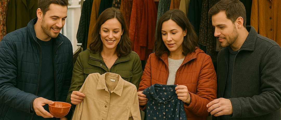 Vier Menschen stehen unter einem Zelt und lächeln. Zwei Frauen halten Kleidung, während zwei Männer Schüsseln halten. Das Zelt zeigt viele hängende Kleidungsstücke.