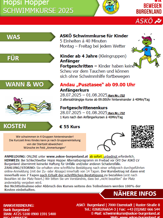 Eine Werbung für ASKO-Schwimmkurse für Kinder, mit einem Frosch-Maskottchen, beschreibt einen 5-Einheiten-Kurs für Kinder ab 4 Jahren, der jeden Montag bis Freitag von Juli 28 bis August 1, 2025 stattfindet. Jede Einheit dauert 40 Minuten und kostet 55 Euro. Es beinhaltet einen fortgeschrittenen Kurs und erwähnt die Online-Anmeldung.