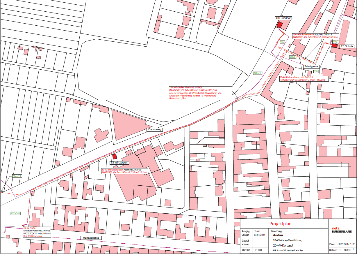 Eine Karte eines Stadtstraßenplans, die die Anordnung von Gebäuden und Straßen zeigt. Es gibt mehrere Anmerkungen und Messungen auf der Karte, einschließlich des Datums des Plans, des Namens der Straße und des Abstands zwischen den Gebäuden.