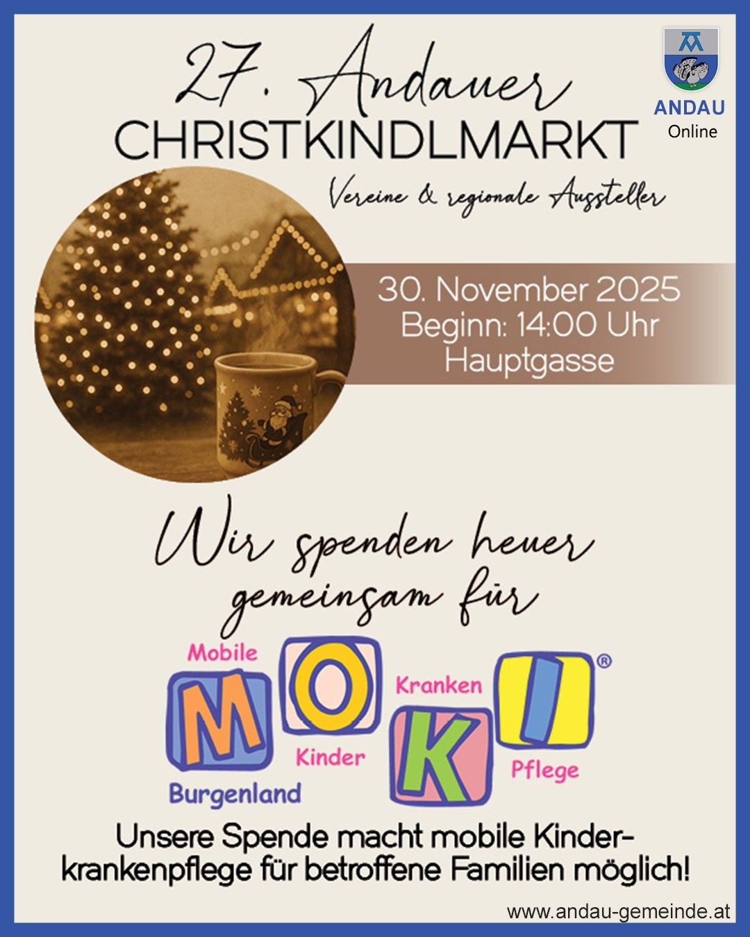Ein Plakat bewirbt den Christkindlmarkt mit einer Weihnachtsbaum und einer Tasse, beginnend am 30. November 2025 um 14 Uhr. Es fördert gemeinsame Ausgaben für mobile Kinderbetreuung.