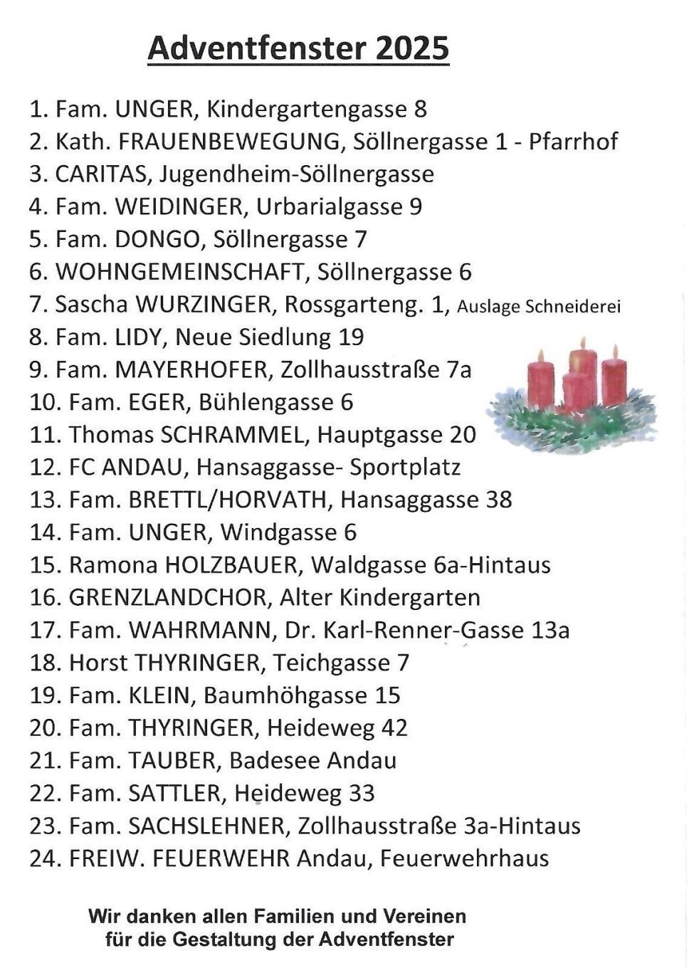 Das Bild listet Namen und Adressen auf, einschließlich Organisationen und Einzelpersonen, wobei einige Adressen zusätzliche Details enthalten. Bemerkenswerte Einträge sind die Frauenbewegung an der Sollnergasse 1, Caritas im Jugendheim-Sollnergasse und Fam. Weidinger an der Urbanialgasse 9.