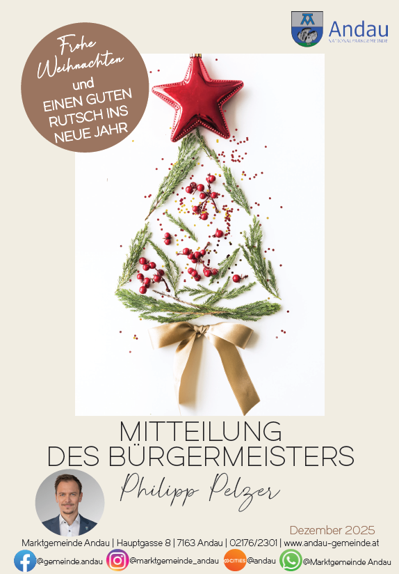 Ein kreisförmiges Bild zeigt einen Weihnachtsbaum mit einem roten Stern, umgeben von roten Beeren, grünen Blättern und einem goldenen Band. Das Bild trägt den Titel 'Frohe Weihnachten und einen guten Rutsch ins neue Jahr'. Unter dem Baum befindet sich ein Foto eines Mannes mit dem Text 'Mitteilung des Bürgermeisters Philipp Pelzer'. Das Bild enthält auch den Datumsvermerk 'Dezember 2025' und eine Website-Adresse.