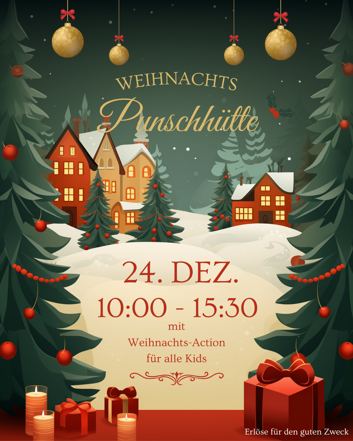 Weihnachtsfeier-Ankündigung mit einem verschneiten Dorf, Häusern und Weihnachtsbäumen. Datum: 24. Dezember, Zeit: 10:00 - 15:30. Weihnachtsaktion für alle Kinder. Geschenkbox mit Schleife vorhanden.