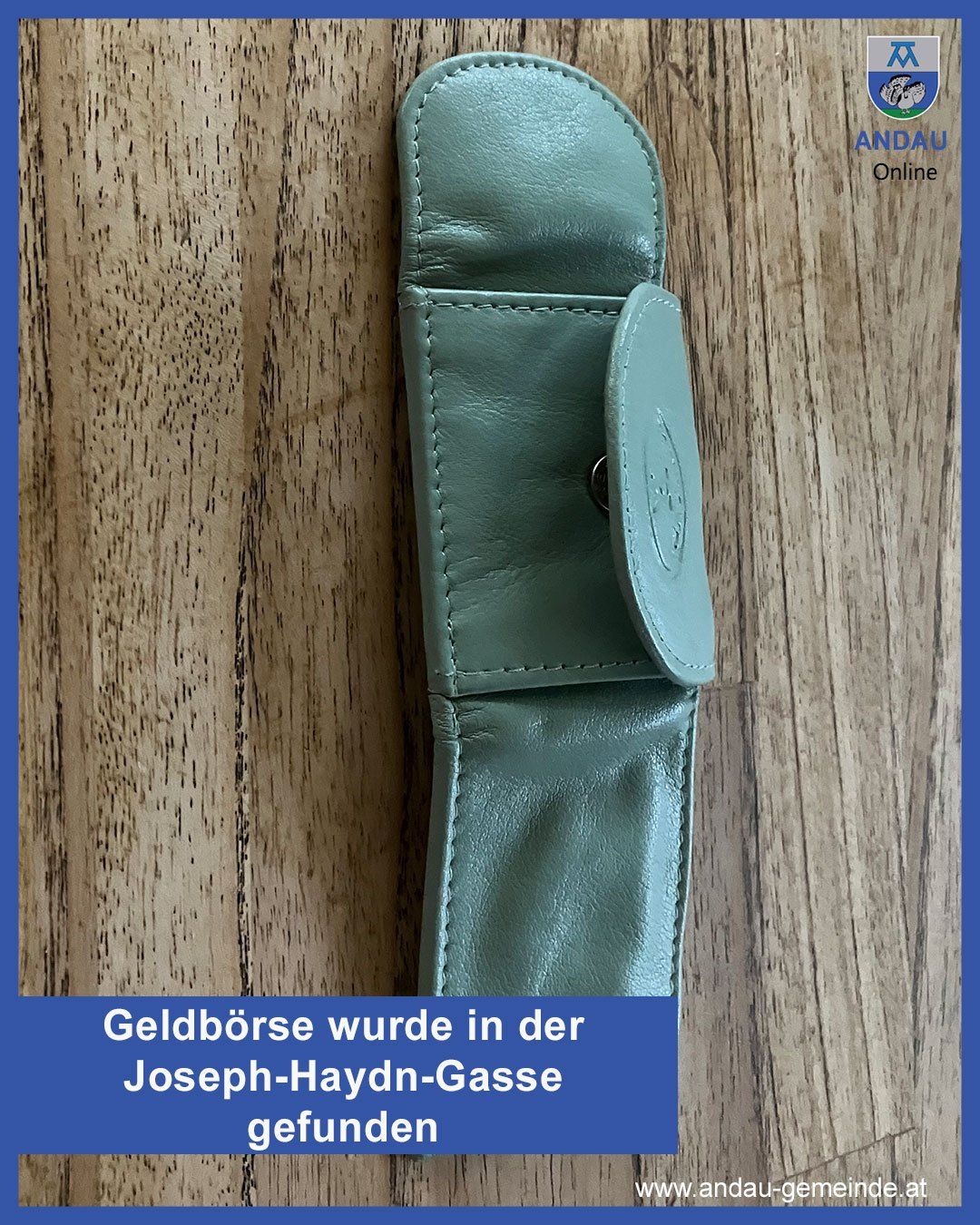 Ein mintgrüner Lederbeutel mit Knopfverschluss wird auf einer Holzoberfläche gezeigt. Er verfügt über zwei Fächer und eine kleine Klappe oben. Es gibt einen Wasserzeichen, der 'ANDAU Online' lautet.