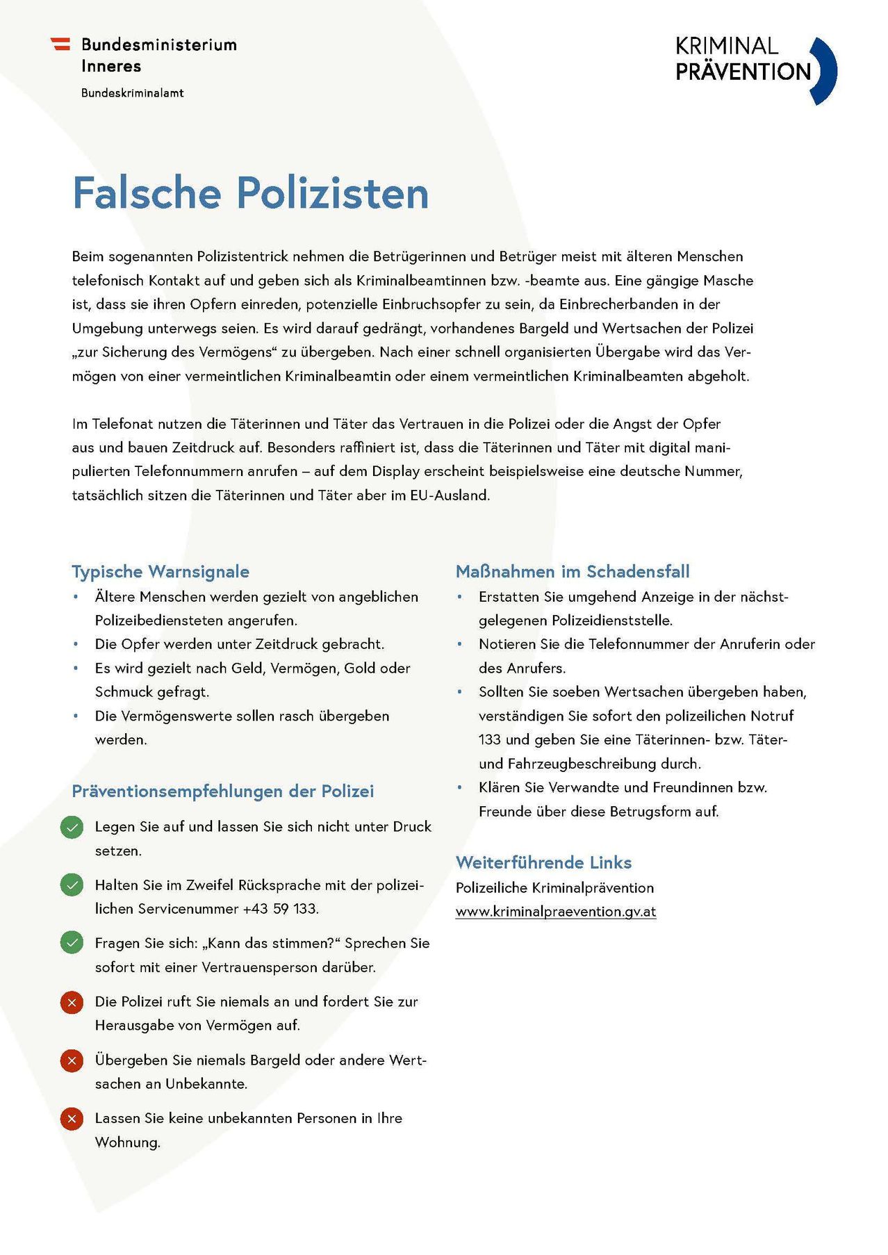 Das Bild zeigt eine Warnung vor falschen Polizeibeamten, beschreibt deren Methoden, Warnsignale und Präventionsmaßnahmen. Es betont die Bedeutung, Polizeidienste direkt zu kontaktieren und keine Wertsachen herauszugeben.
