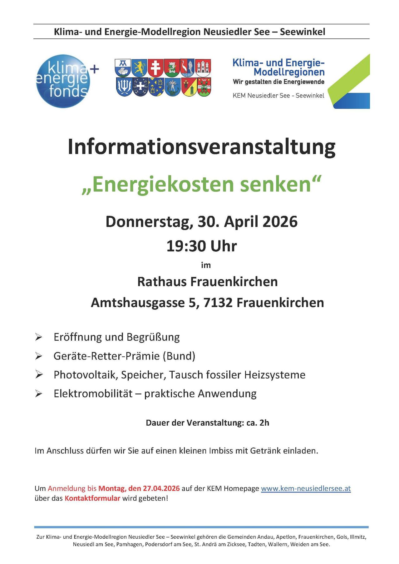 Plakat für eine Veranstaltung zur Senkung der Energiekosten. Datum: 30. April 2026. Zeit: 19:30 Uhr. Ort: Rathaus Frauenkirchen. Themen sind Eröffnung, Photovoltaik, Speicher und Elektromobilität. Dauer: 2 Stunden. Verpflegung wird angeboten.