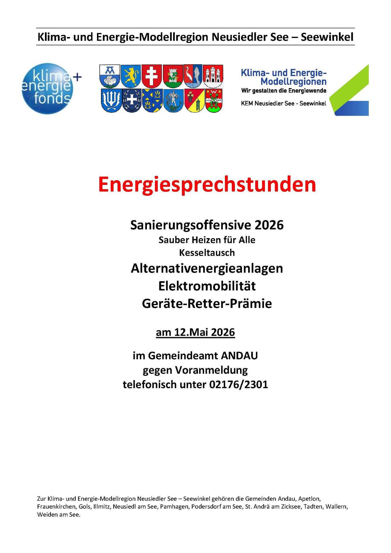 Am 12. Mai 2026 findet eine Energiesprechstunde statt. Themen sind sauberes Heizen für alle, Kesseltausch, alternative Energieanlagen, Elektromobilität und Geräte-Rücknahme-Prämien. Termine telefonisch unter 02176/2301.