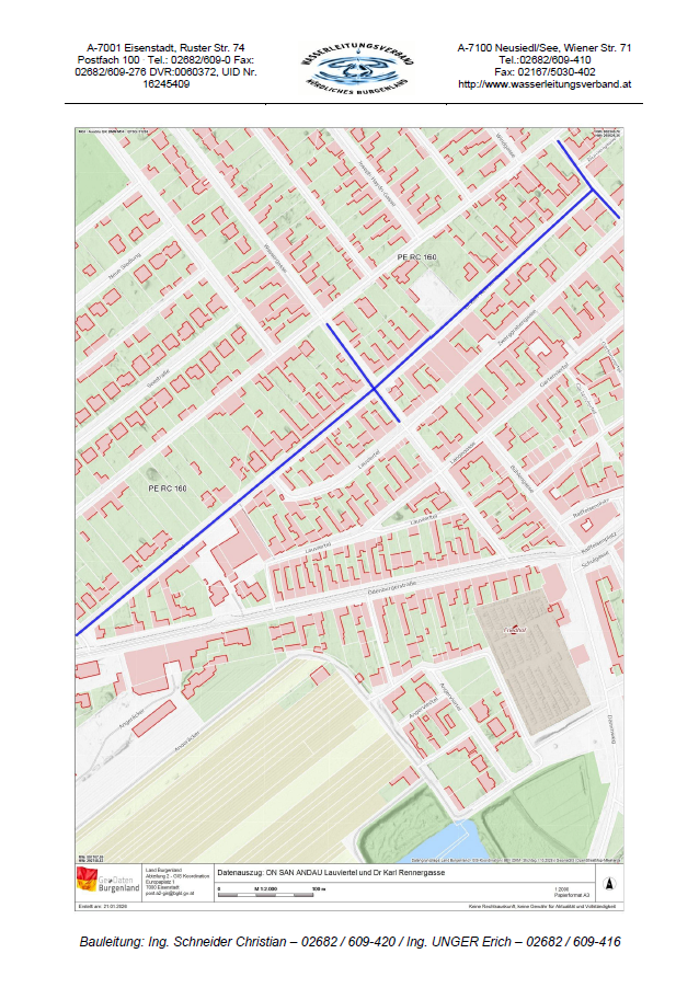 Urban map showing the location of PERC 160. Buildings are in red, with a blue line indicating the path. Green areas represent open spaces.