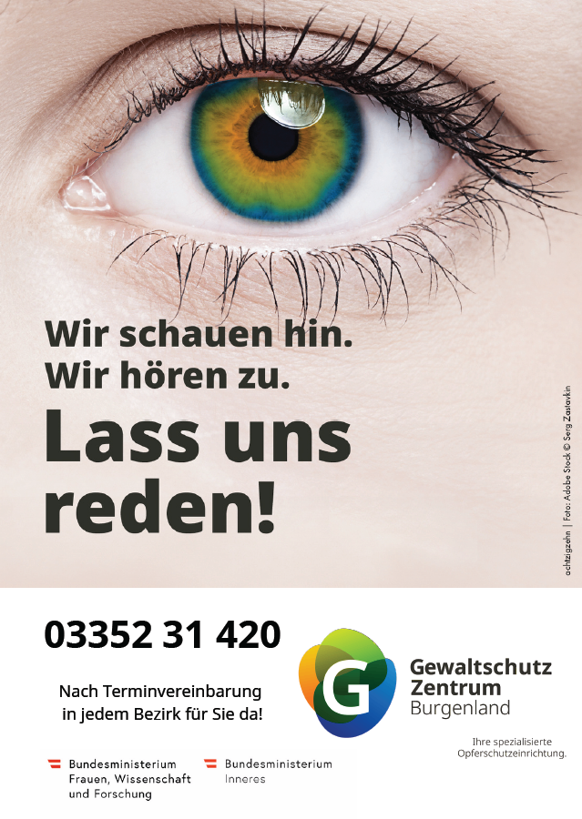 An advertisement features a close-up of a human eye with an iris in a spectrum of colors. Text reads, 'We see him. We hear him. Let us speak!' Below, a phone number 03352 31 420 is displayed, along with a logo and text, 'After appointment in every district for you!' in German.