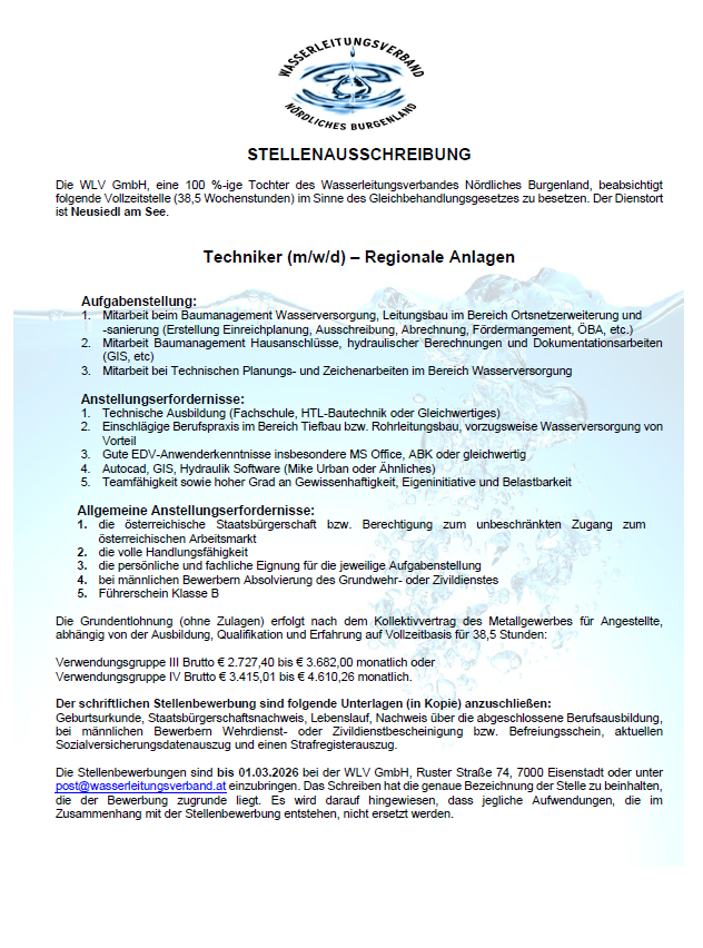 Job description for a technician in water supply management. Tasks include creating plans, maintenance, and technical planning for water supply systems. Requirements include technical education, preliminary work experience, and software proficiency. Application deadline is 01.03.2026.