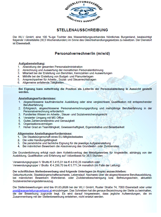 The document is a job description for a Personalverrechnerin/m (m/w/d) for WLW GmbH, a 100% subsidiary of Wasserleitungsverband Nördliches Burgenland. The position involves handling personal administration, monthly payroll processing, and assisting with personnel plans and staffing. The role also includes budget-related tasks, social and tax law responsibilities, and miscellaneous HR activities. The position can be held on a permanent basis and may include the possibility of leading the HR department.