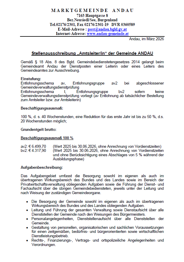 Ein Bild eines offiziellen Dokuments mit dem Titel 'Stellenauschreibung_Amtsleiter/in' der Gemeinde ANDAU. Das Dokument beschreibt die Position, die Arbeitsbedingungen und die Aufgaben des Büroleiters, einschließlich Gehaltsspanne und Arbeitsbedingungen. Es ist vom März 2026.