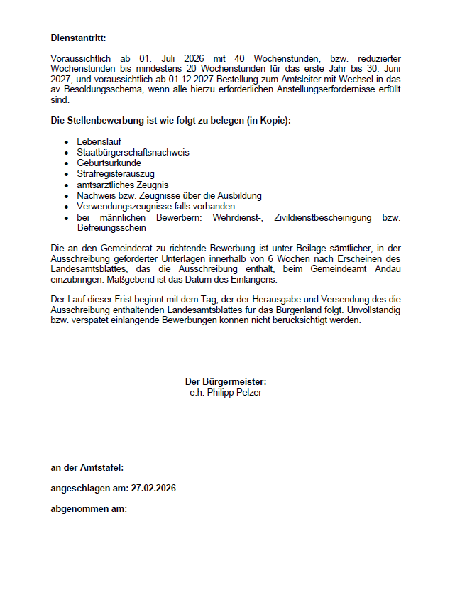Die voraussichtliche Beschäftigung beginnt am 01. Juli 2026 mit 40 Wochenstunden, reduziert auf 30 Wochenstunden ab dem 20. Juni 2026. Die Beschäftigung endet am 30. Juni 2027 und beginnt am 01.12.2027 mit Wechsel zum Gehaltsschema, wenn alle erforderlichen Einstellungsvoraussetzungen erfüllt sind.