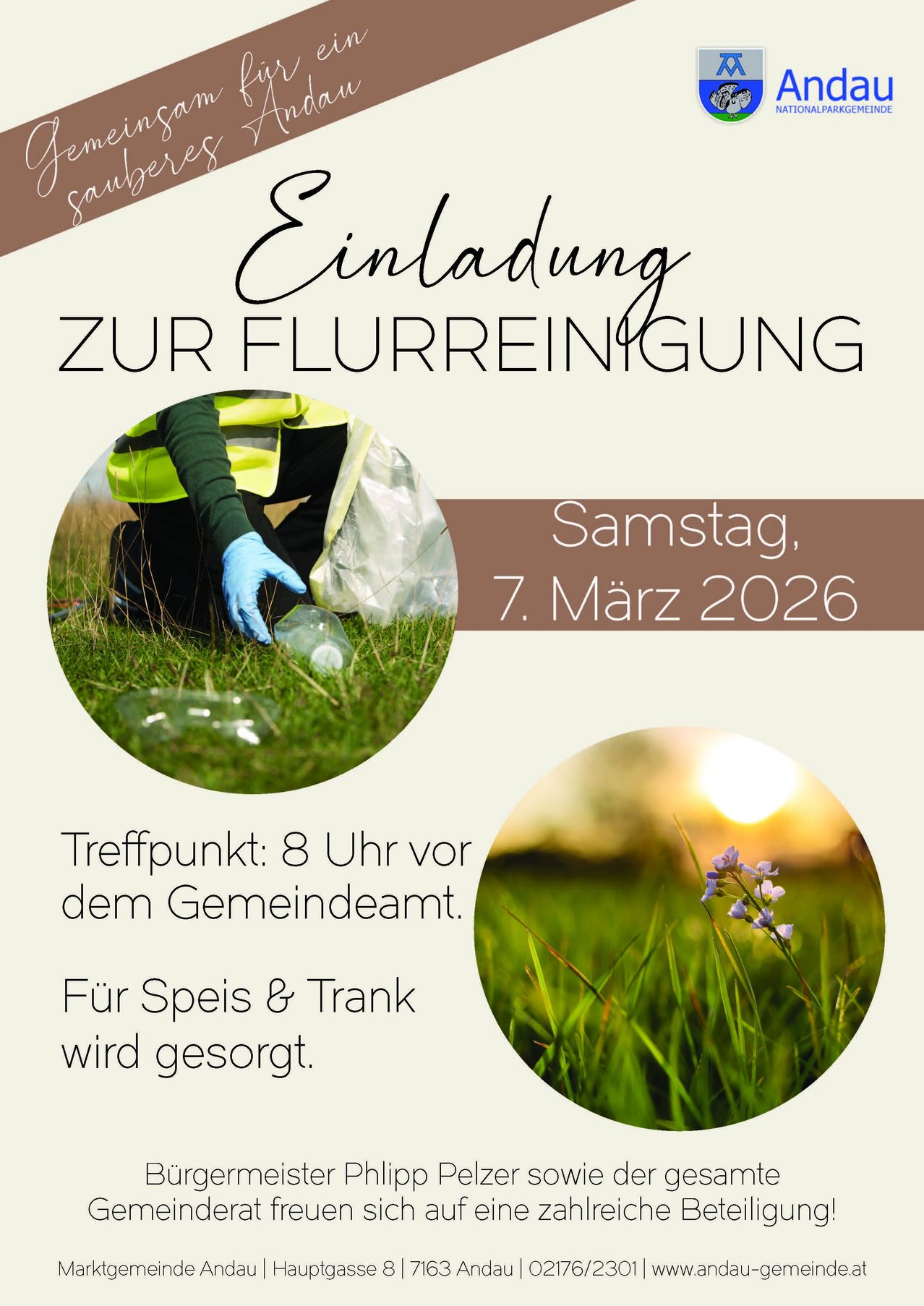 Eine Einladung zur Flussreinigung. Treffpunkt um 8 Uhr vor dem Rathaus. Essen und Getränke werden bereitgestellt. Datum: 7. März 2026.