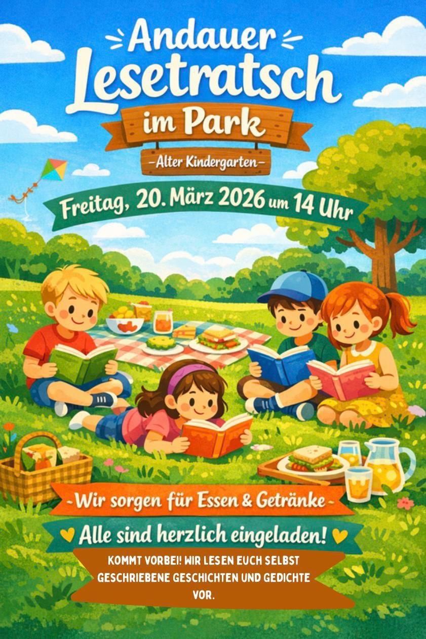 Eine Illustration von Kindern, die auf einer Picknickdecke im Park sitzen und Bücher lesen. Das Datum Freitag, 20. März 2026 um 14 Uhr wird angezeigt.