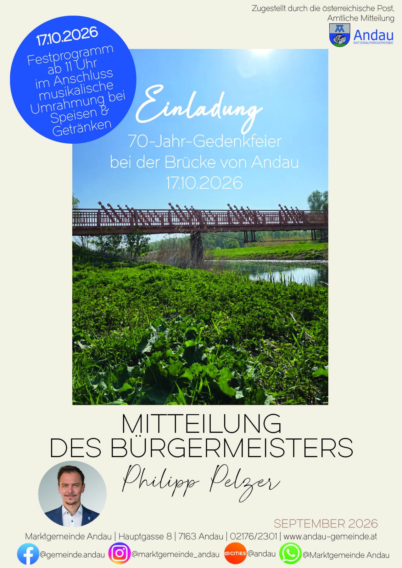 Einladung zur 70-Jahr-Gedenkfeier an der Brücke von Andau mit einer Brücke über einem Fluss, umgeben von üppigem Grün und klarem blauem Himmel.