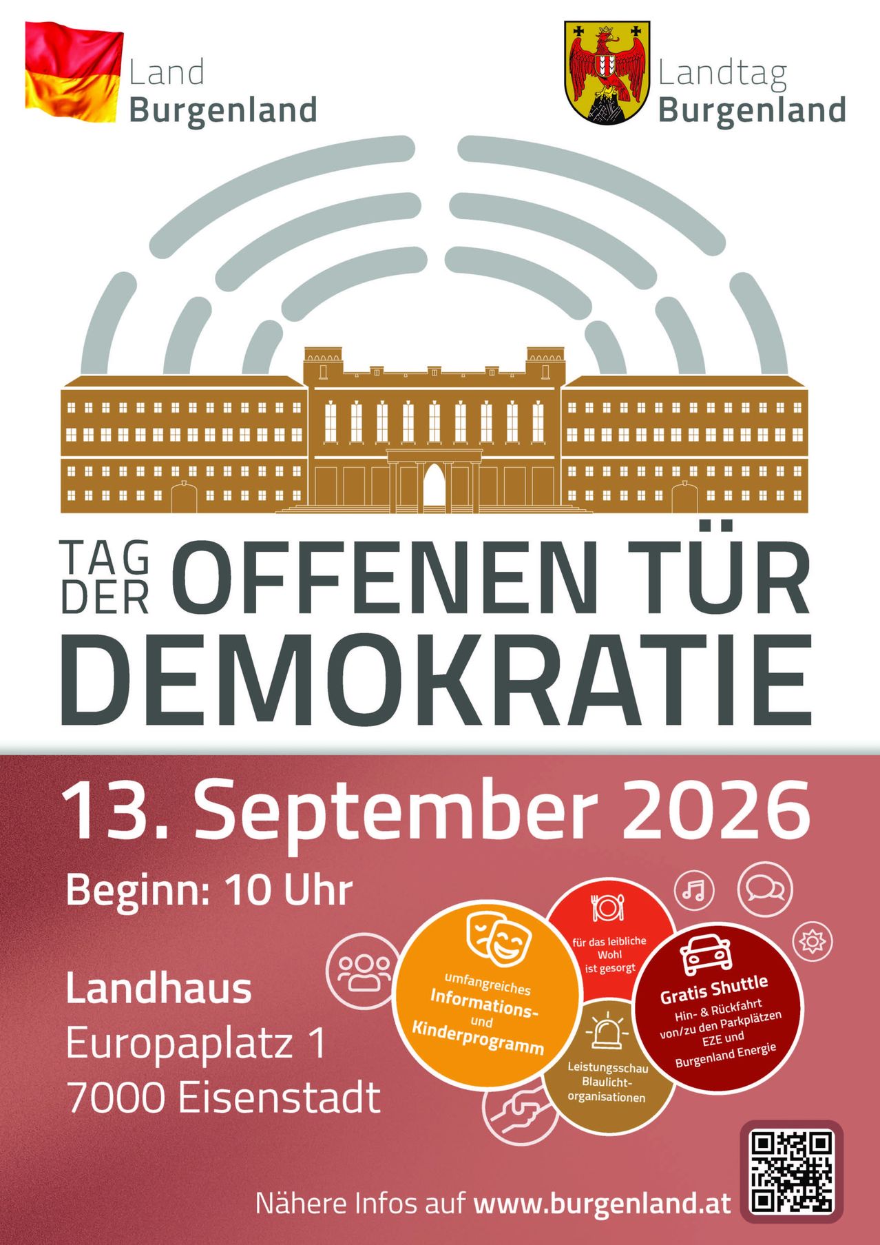 Plakat für das Open Door Demokratie-Event am 13. September 2026 mit einem Gebäude, Symbolen und Veranstaltungsdetails.