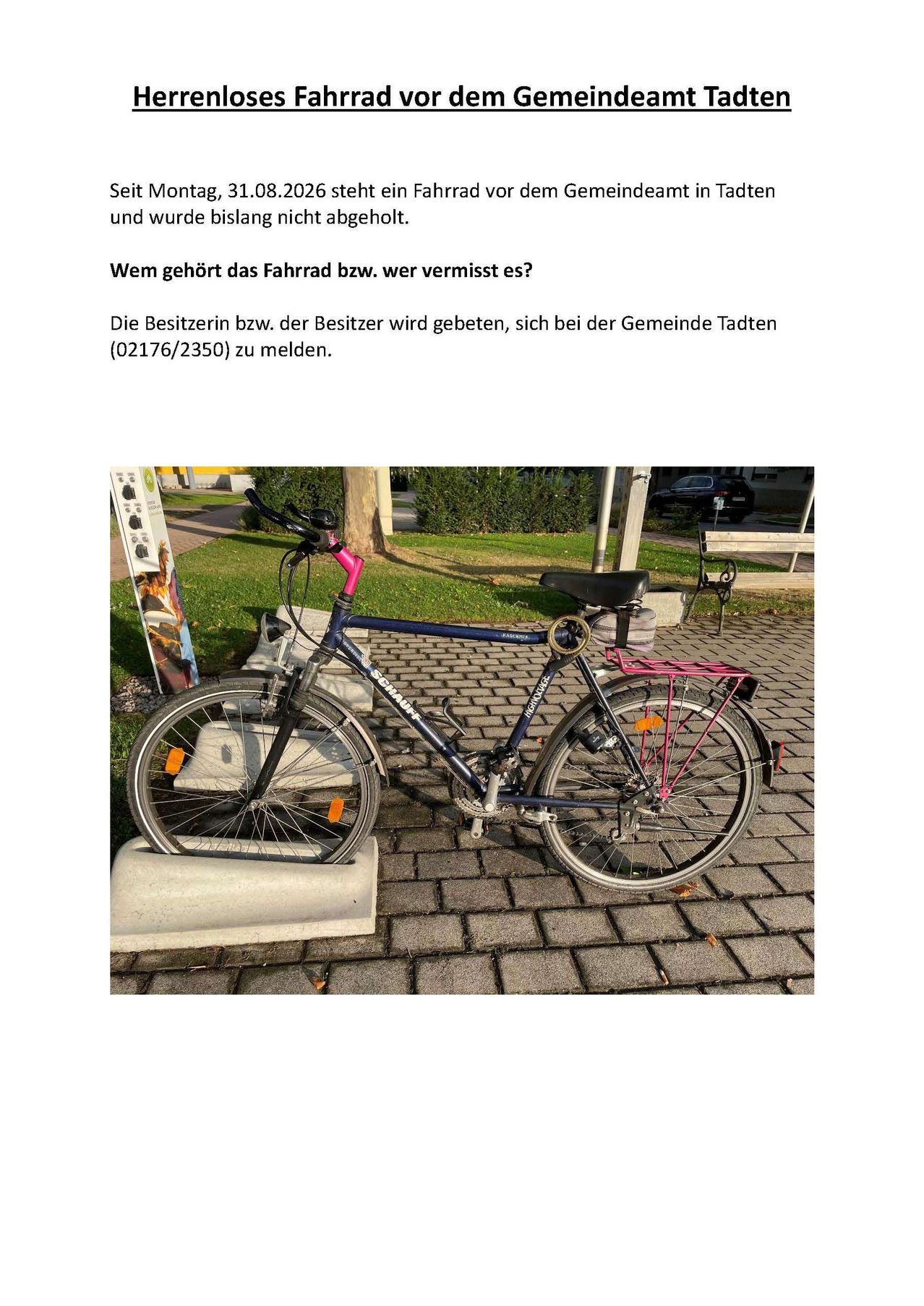 Ein Fahrrad mit rosalenkstangen und schwarzem Sitz ist auf einem Ziegelweg geparkt.