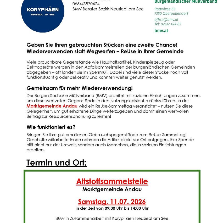 Flyer promoting an event where people can donate reusable items. The flyer encourages recycling and reuse of items. It includes information on the date, time, and location of the event. The flyer is produced by a regional association and a local company.
