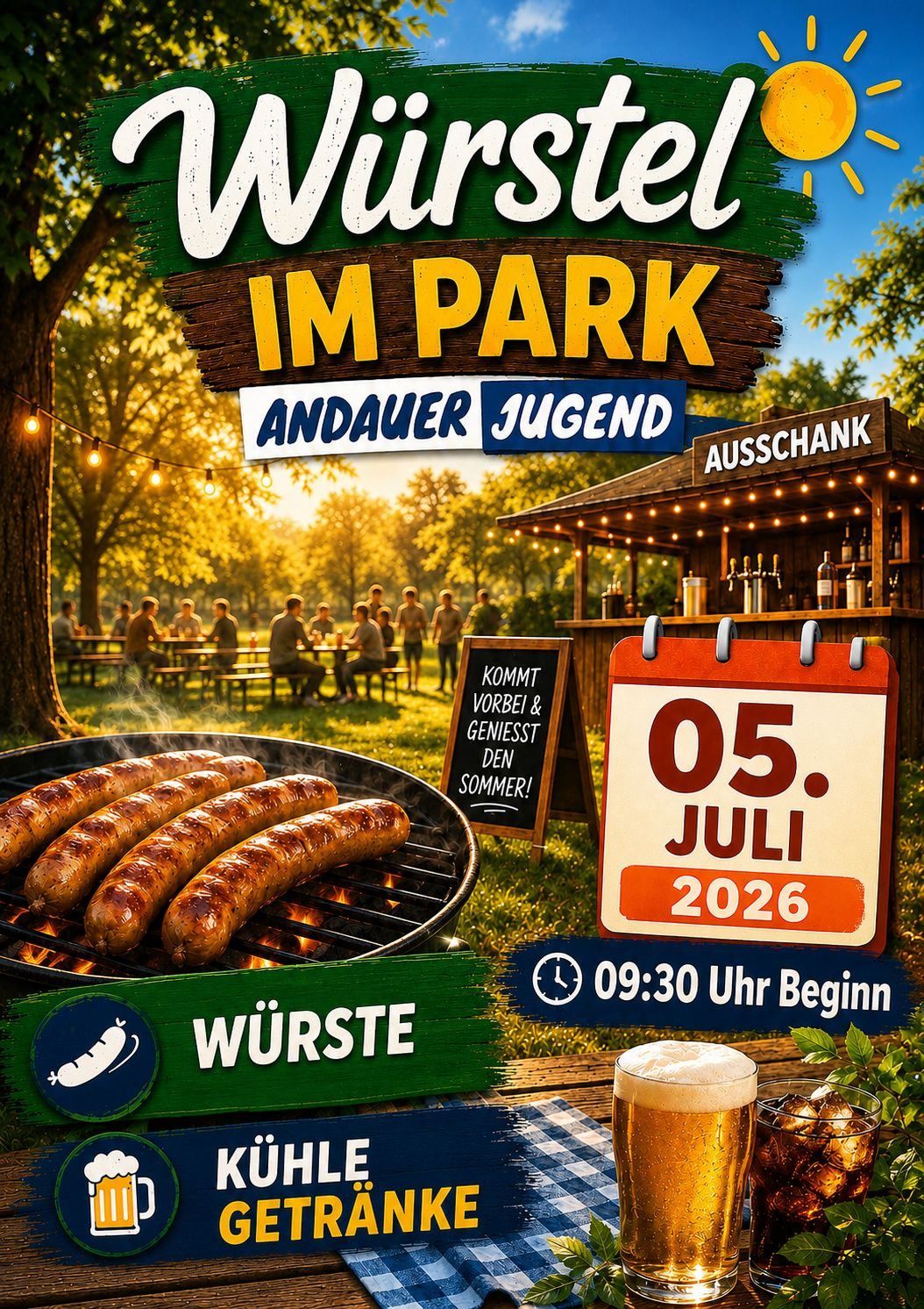 Outdoor event with sausages and drinks. Enjoy the park and meet new people. Date: July 5, 2026. Time: 9:30 AM.