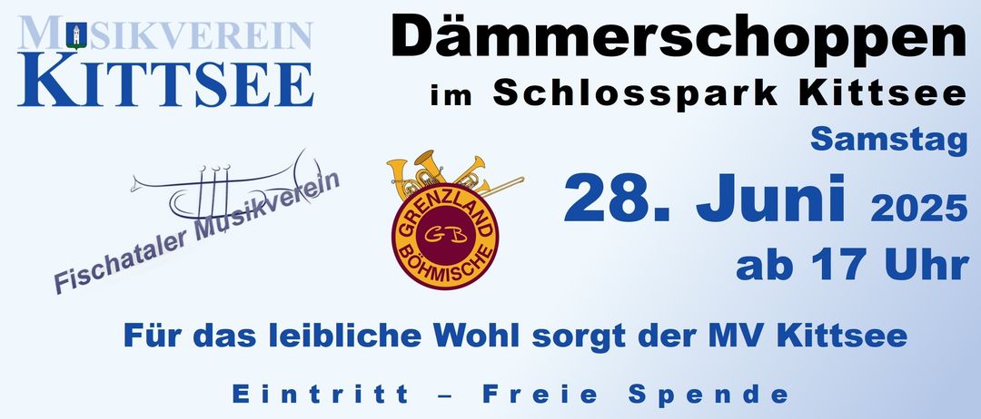 Das Bild zeigt eine Veranstaltungsankündigung für Grenzland Bohmische im Schlosspark am 28. Es enthält Logos, ein Trompeten-Grafik und Text zur Begrüßung der Teilnehmer.