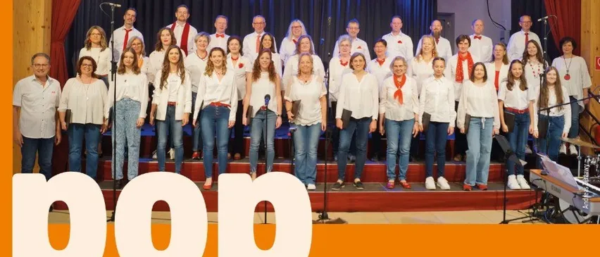 Plakat für Pop-Songs mit einem Chor und Solisten auf der Bühne. Veranstaltungsdatum: Freitag, 16. Mai 2025, um 19:30 Uhr. Ort: Pfarrkultursaal, Absdorf. Besondere Gäste: The Rocky Raccoons.