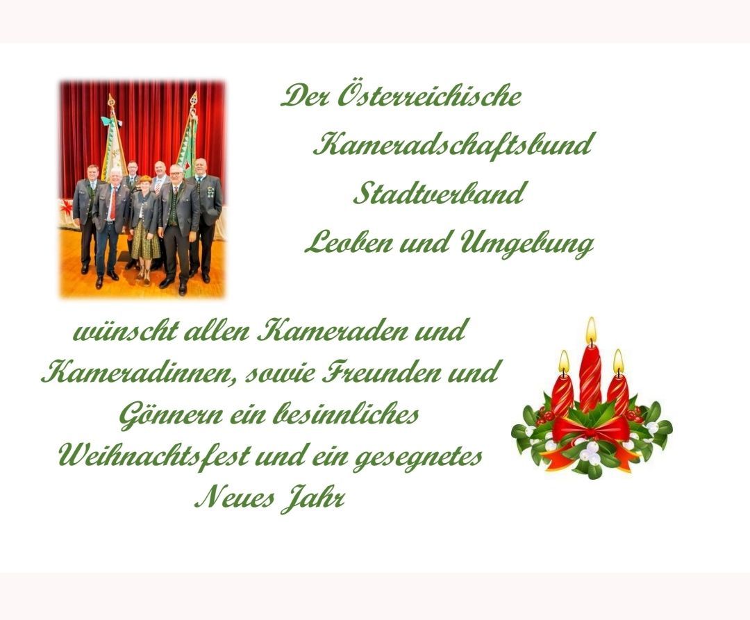 Eine Gruppe formell gekleideter Menschen steht mit Flaggen dahinter. Der Text lautet: 'Der Österreichische Kameradschaftsbund wünscht allen Freunden ein besinnliches Weihnachtsfest und ein gesegnetes Neues Jahr.'
