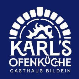 Das Logo für Karl's Ofenkuche Gasthaus Bildein, mit einer weißen Flamme in einem runden Steinofen auf blauem Hintergrund. Der Text ist weiß und enthält den Markennamen und den Standort.