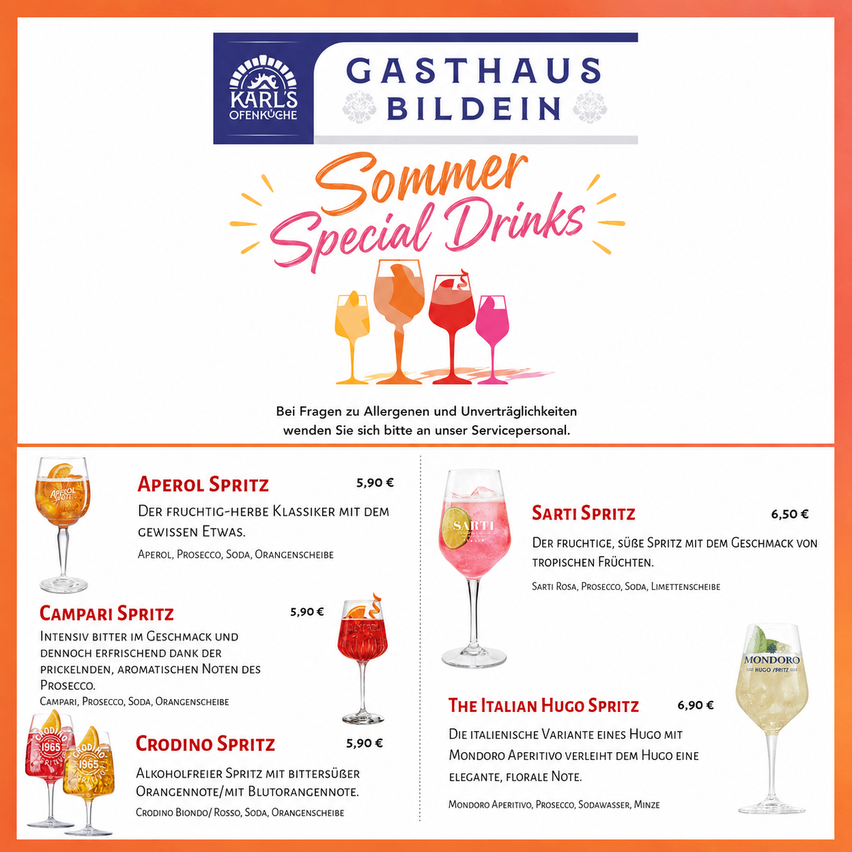 Ein Plakat, das Sommer-Spezialgetränke im Gasthaus Bildein bewirbt. Es zeigt vier Getränke: Aperol Spritz, Campari Spritz, Crodino Spritz und Sarti Spritz. Jedes Getränk wird mit seinen Zutaten und Preis beschrieben.