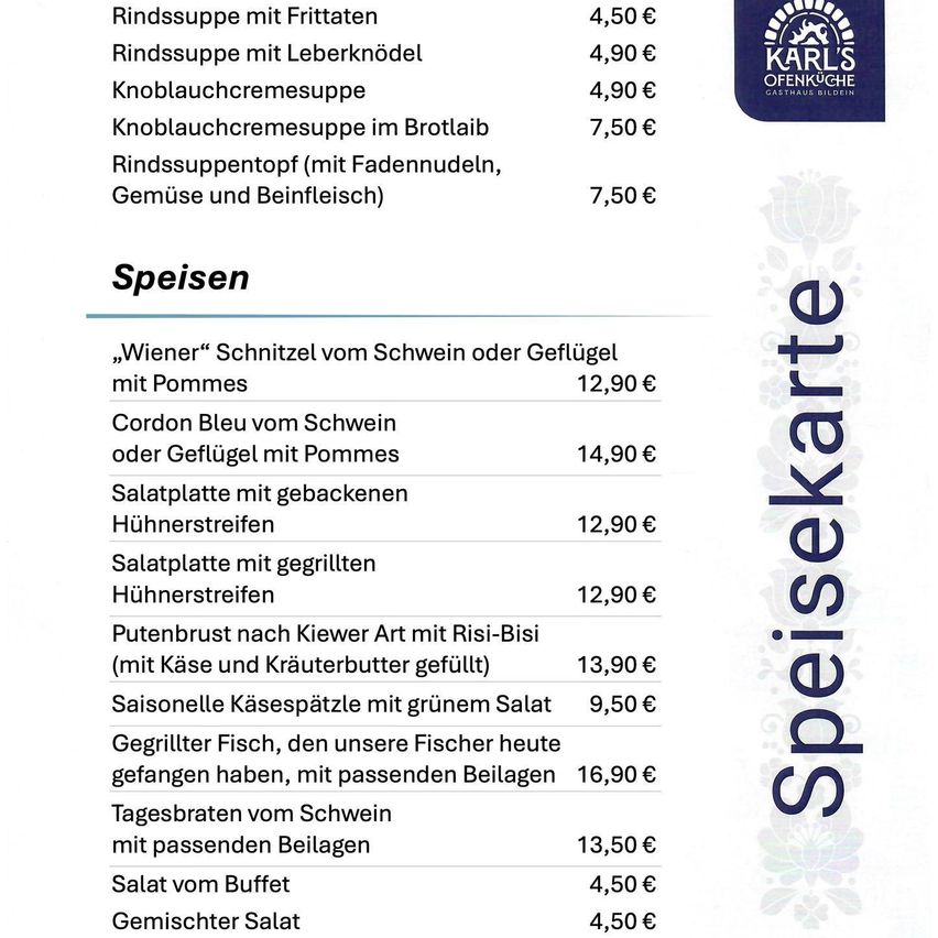 Das Bild zeigt eine Speisekarte mit verschiedenen Gerichten und deren Preisen. Es beinhaltet Rindersuppe, Knoblauchcremesuppe, Rindersuppe mit Gemüse und weitere Gerichte. Die Preise reichen von 4,50€ bis 16,90€.