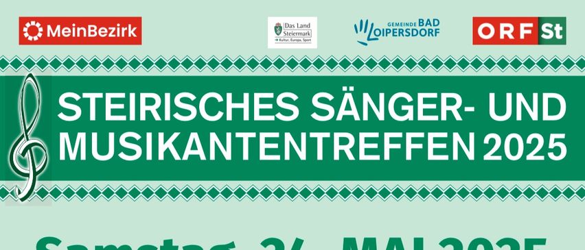 Die Musikbegegnung 2025 findet am Samstag, 24. Mai 2025, in Bad Loipersdorf/Pfarrheim statt. Der Beginn ist um 19:30 Uhr, der Einlass um 19:00 Uhr. Lisa & Karl Lenz moderieren die Veranstaltung. Teilnehmende Gruppen sind Gemischter Chor Bad Loipersdorf, Burgauer Tanzmusik, Weststeirisches Z'sammg'wurfelt und Lisa Jordan vom Steirischen Harmonikawettbewerb.