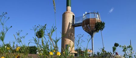 Ein flaschenförmiges Bauwerk mit Balkon und Baum oben steht in einem Feld gelber Blumen.