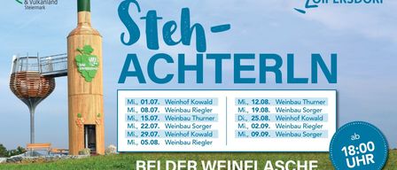 Wine tasting events at Thermenresort Loipersdorf. Schedule: July 1st, 8th, 15th, 22nd, 29th, and August 5th by Kowald and Riegler. September 2nd, 9th. August 12th, 19th, 25th by Thurner, Sorger, and Kowald.