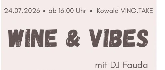 Eine Illustration von Haenden, die Weinglaeser halten, mit den Worten 'Wein & Vibes' und 'mit DJ Fauda' oben.