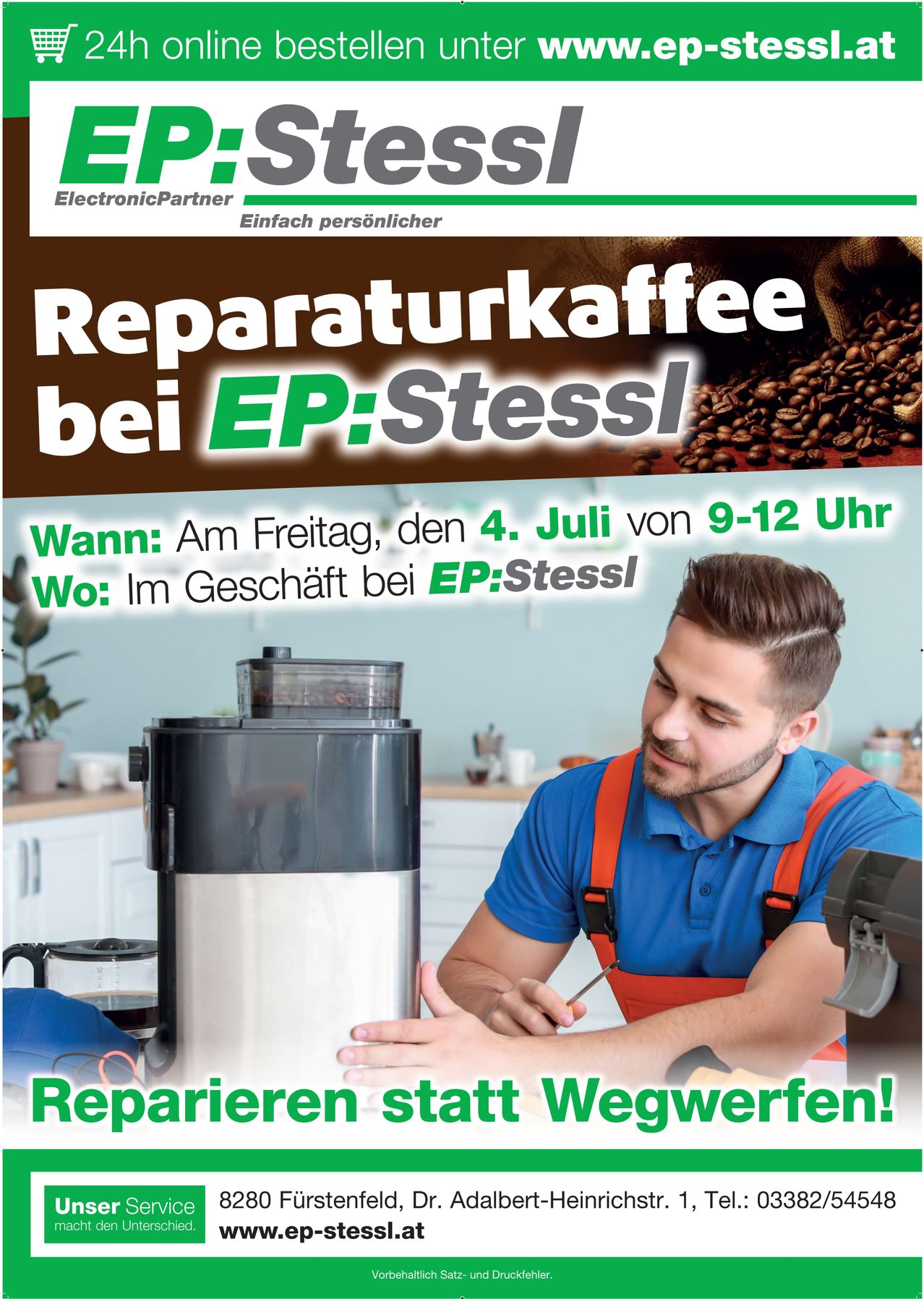 Ein Mann arbeitet an einer Kaffeemaschine in einer Küche. Eine Veranstaltungsankündigung für die Reparatur von Kaffeemaschinen bei EP:Stessli am Freitag, den 4. Juli von 9-12 Uhr.