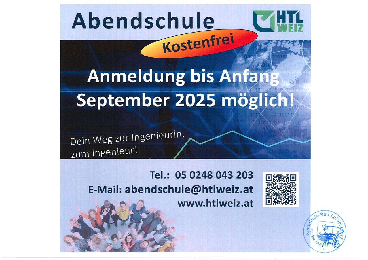 Plakat für Abendschule. Kostenfrei. Anmeldung bis Anfang September 2025 möglich. Kontaktdaten und Webseite. Gruppe von Studenten unten links.