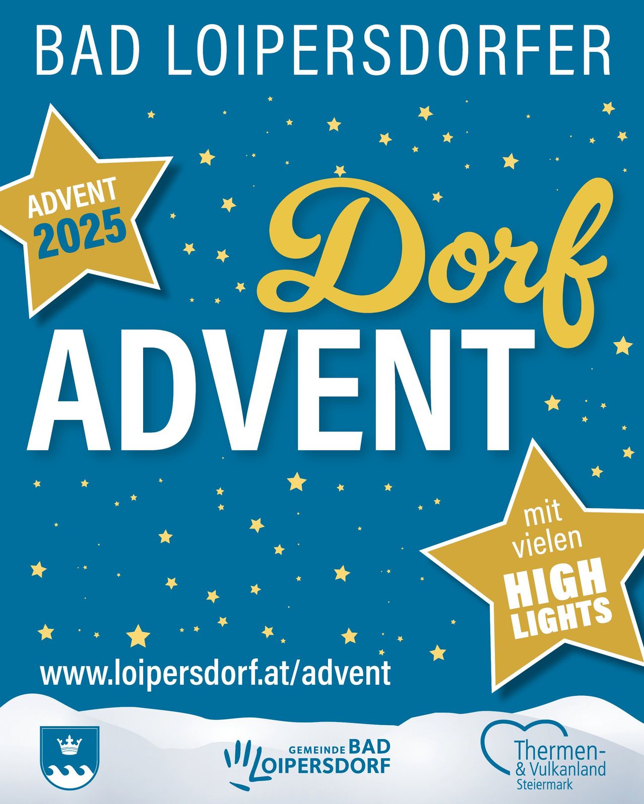 Ein Werbeplakat für Dorf Advent 2025 mit blauem Hintergrund, gelben Sternen, zwei goldenen Sternen und dem Text Dorf Advent mit vielen High Lights.