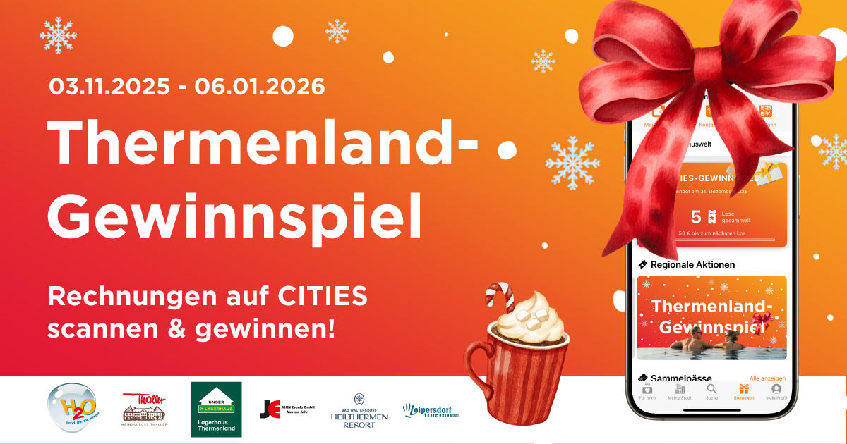 Oranger Hintergrund mit Schneeflocken und einer Schleife. Der Text lautet 'Frauenland-Gewinnenspiel' und 'Städte' mit einer Tasse heißer Schokolade. Verschiedene Logos darunter.