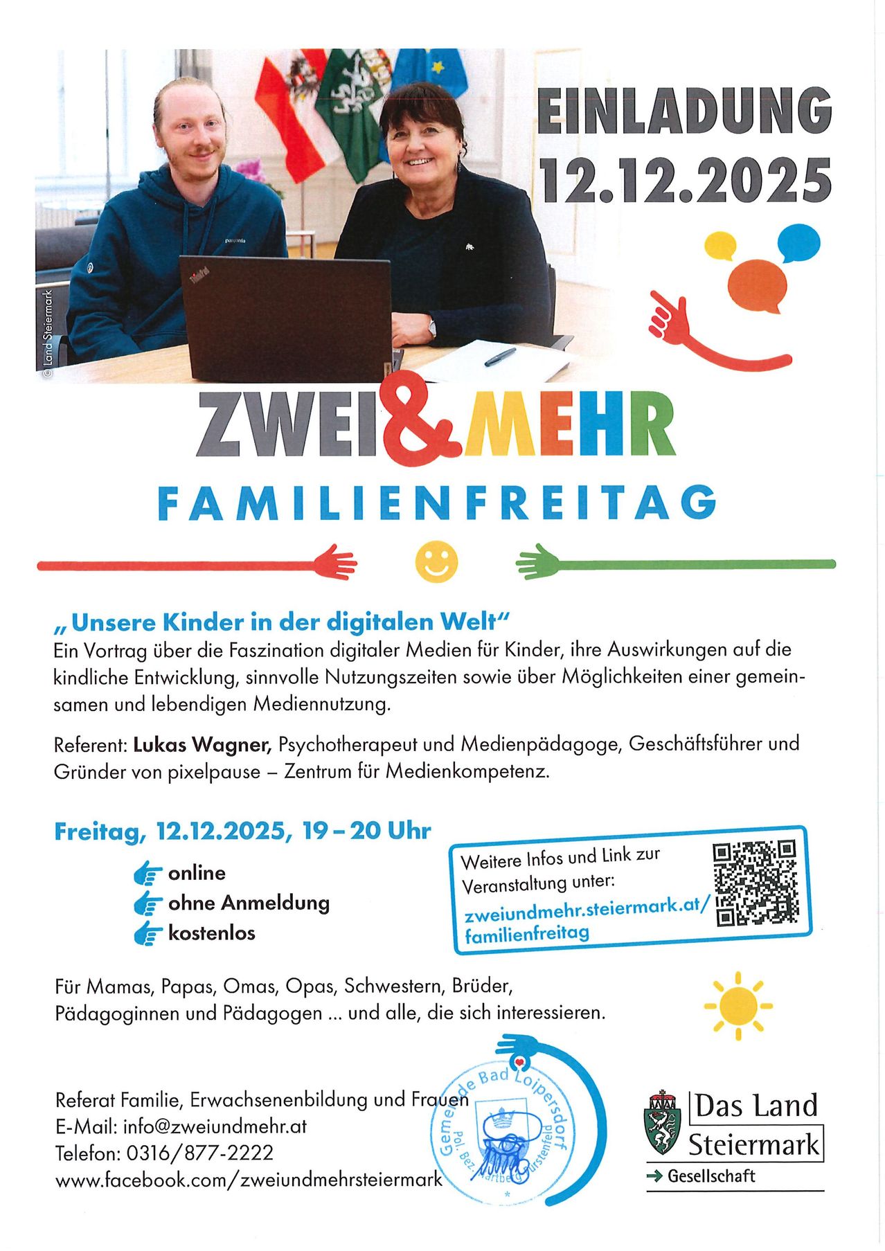 Werbeplakat für eine Familienveranstaltung am 12.12.2025 mit einem Vortrag über die Faszination digitaler Medien für Kinder, ihre Auswirkungen auf die kindliche Entwicklung, sinnvolle Nutzungszeiten und Möglichkeiten einer gemeinsamen und lebendigen Mediennutzung.