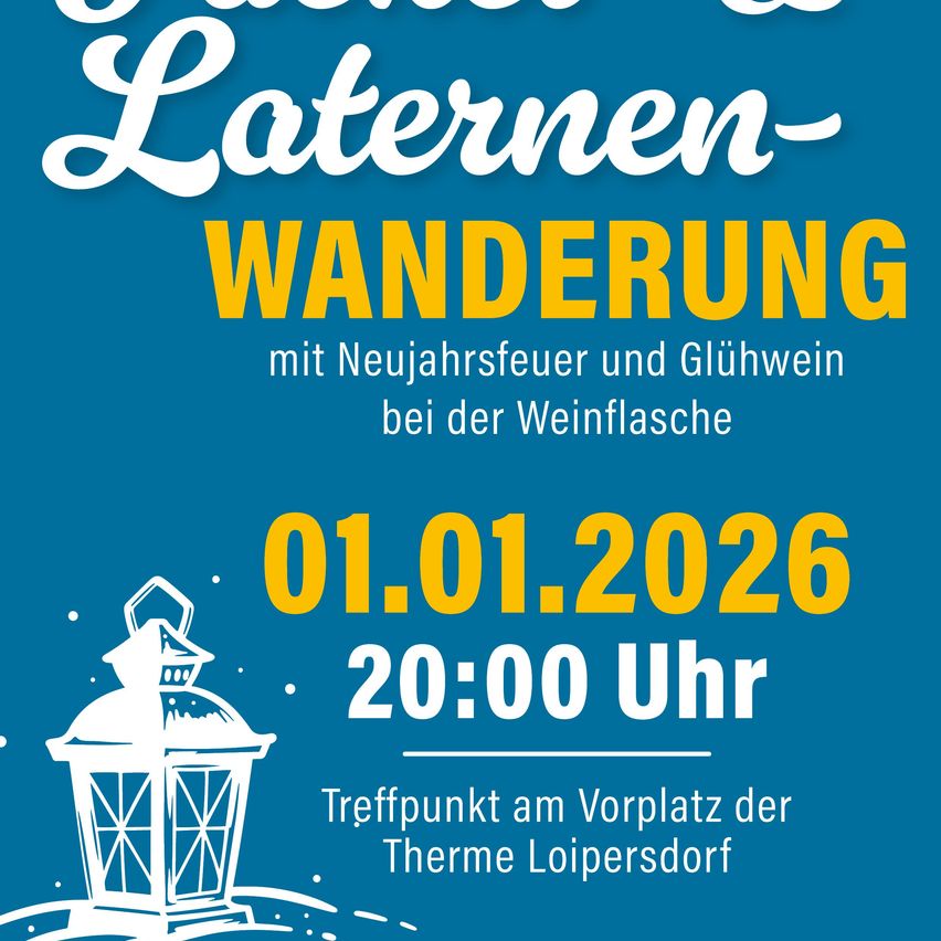 Eine Werbung für eine Laternenumzug-Veranstaltung am 1. Januar 2026 um 20:00 Uhr mit einer Laternenillustration und blauem Hintergrund.