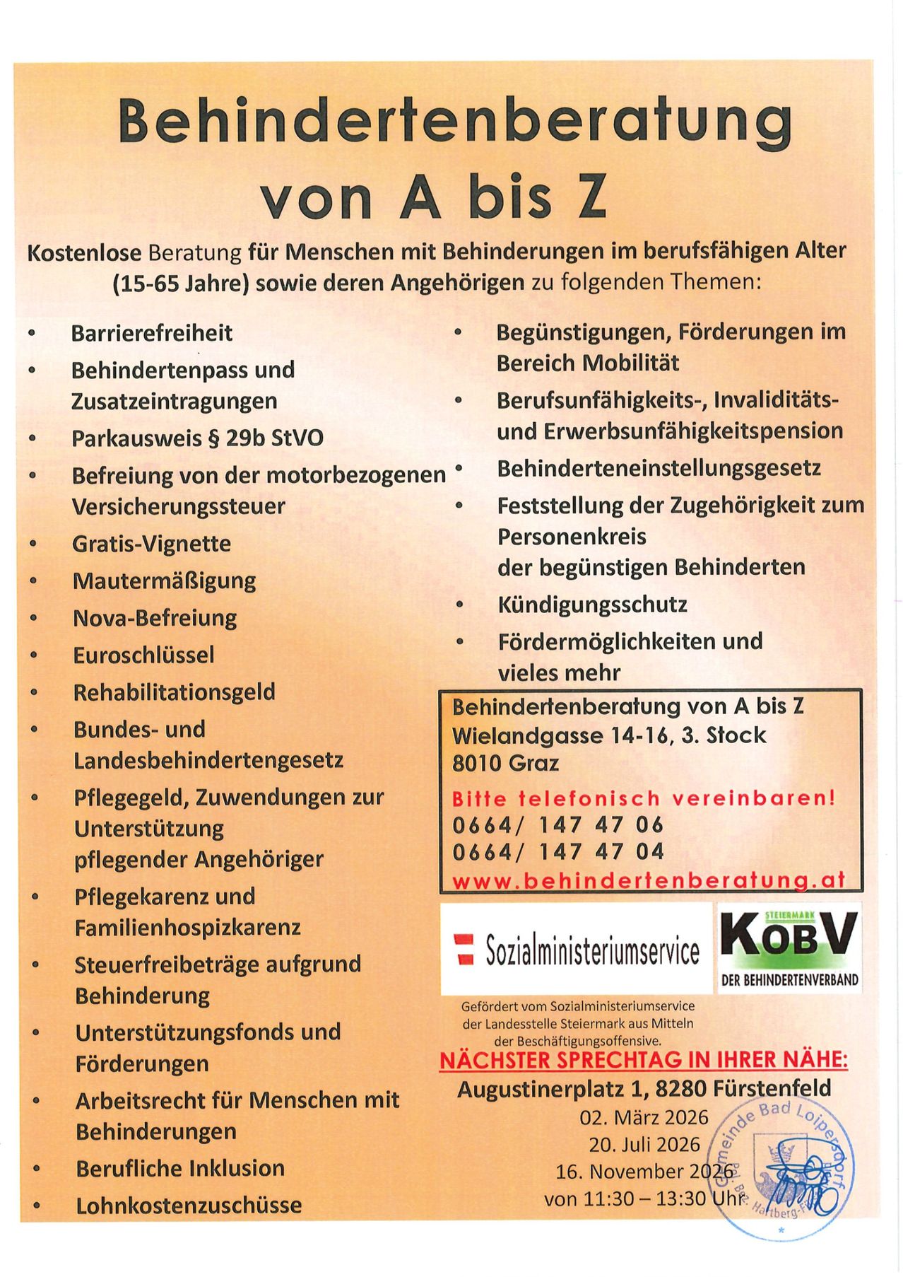 Ein Plakat bietet kostenlose Beratung für Menschen mit Behinderungen im erwerbsfähigen Alter (15-65 Jahre) und deren Angehörige zu Themen wie Barrierefreiheit, Behindertenpass und Rente. Kontaktinformationen und Website sind angegeben.