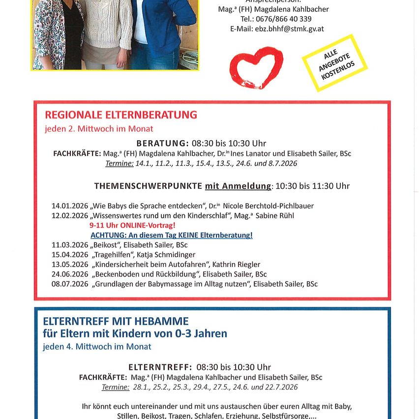 Ein Flyer mit einem Bild von zwei Frauen und einem Mann. Er bietet Informationen über regionale Elternberatung und Treffen mit einer Hebamme, einschließlich Daten, Themen und Kontaktdaten für Magdalena Kahlbacher und Elisabeth Sailer.