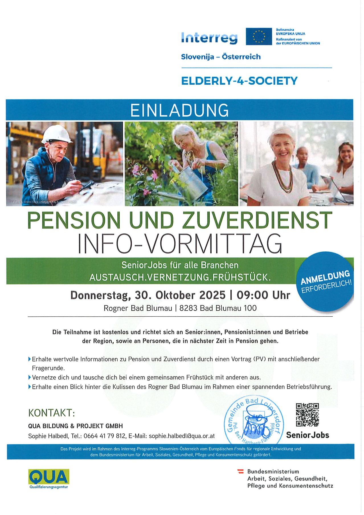 Ein Flyer für eine Informationsveranstaltung über Renten und Zusatzleistungen. Es zeigt drei Bilder von älteren Menschen in verschiedenen Umgebungen. Die Veranstaltung ist für den 30. Oktober 2025 um 09:00 Uhr im Rogner Bad Blumau geplant. Die Teilnahme ist kostenlos und richtet sich an Senioren, Rentner und Unternehmen.