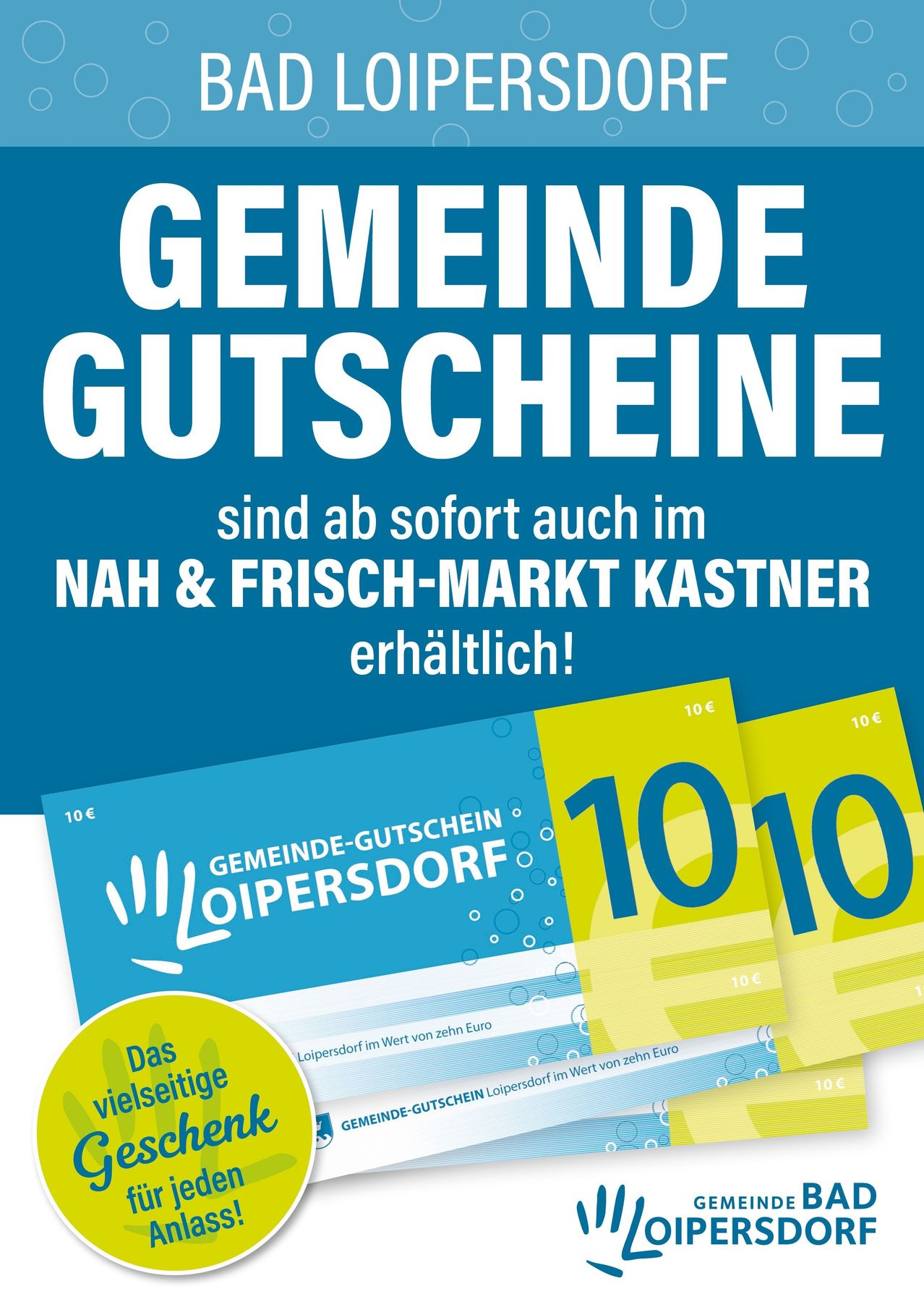 Gemeindegutscheine sind ab sofort auch im Nah & Frisch-Markt Kastner erhältlich. Gezeigt werden 10€ Gutscheine.
