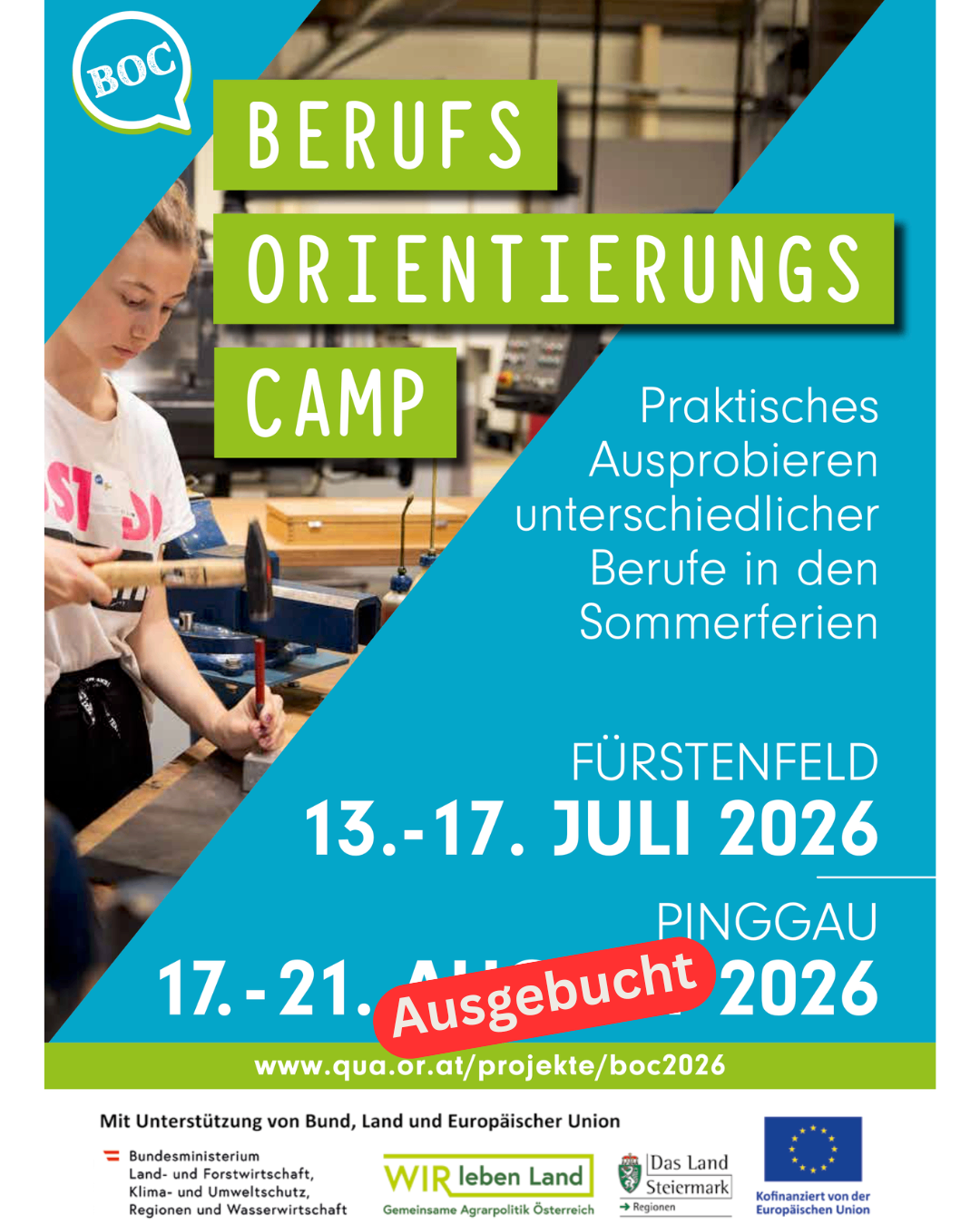 Ein Plakat für ein Berufsorientierungscamp. Eine Frau schlägt mit einem Hammer auf ein Metallwerkzeug. Termine sind 13.-17. Juli 2026 und 17.-21. Juli 2026.