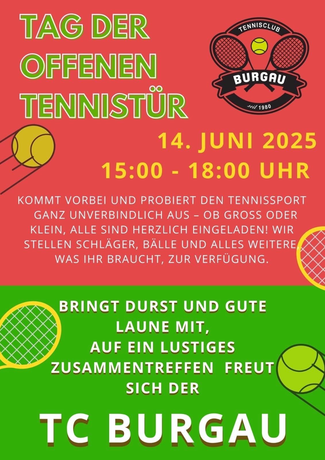 Ein offenes Tennisturnier am 14. Juni 2025 von 15:00 bis 18:00 Uhr. Alle sind herzlich eingeladen, Tennis auszuprobieren, unabhängig von Größe. Schläger, Bälle und mehr werden zur Verfügung gestellt. Freut euch auf ein spaßiges Treffen.